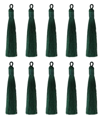 Tupalizy 10PCS Handmade Soft Silky Tassels with Hanging Loop for Bookmarks Keychains Earring Bracelets Jewelry Making Souvenir Graduation Clothing Sewing Gift Tag Art DIY Craft Projects (Dark Green) - color: Dark Green