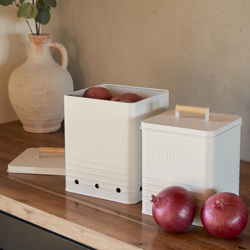Beautiful Potato and Onion Storage Container Set - Food Safe Metal Bins - color: Cream