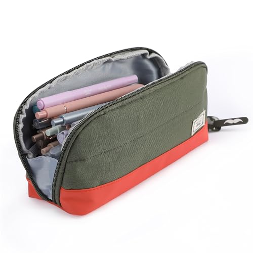 Mr. Pen- Wide-Opening Pencil Case, Triangle Design - color: Olive Green & Orange