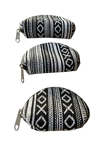 Set of 3 Handmade Boho Coin Purses – Cotton & Hemp Zip Pouches (Made in Kathmandu) | Small Travel Wallets for Coins, Keys & Cards | Ethnic Pattern Mini Bags (Black) - color: Black