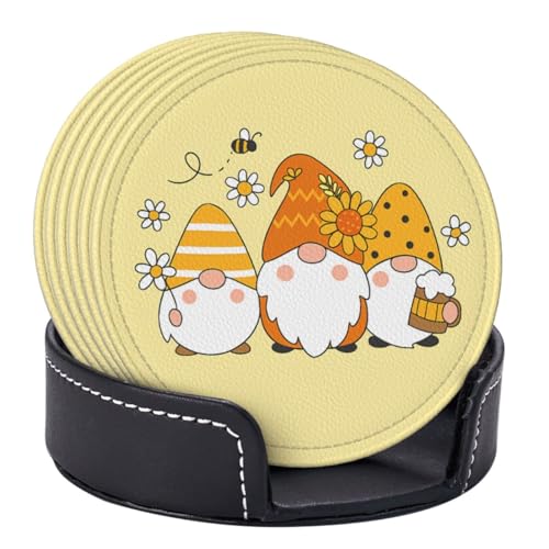 6 Pcs Leather Coasters for Drinks with Holder Sunflower Cute Bee Gnomes Coaster Sets Drink Table Cup Coasters for Kitchen Coffee Decor - color: Sunflower Bee Gnomes