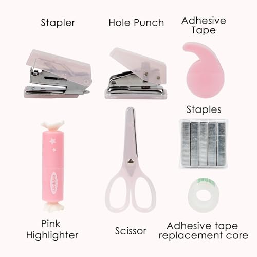 7-Pieces Clear Desk Organizer Set - with Stapler, Hole Punch, Tape Dispenser, Scissors & Highlighters, Transparent Office Supplies Kit for Home Office, School & Workspace - color: Pink