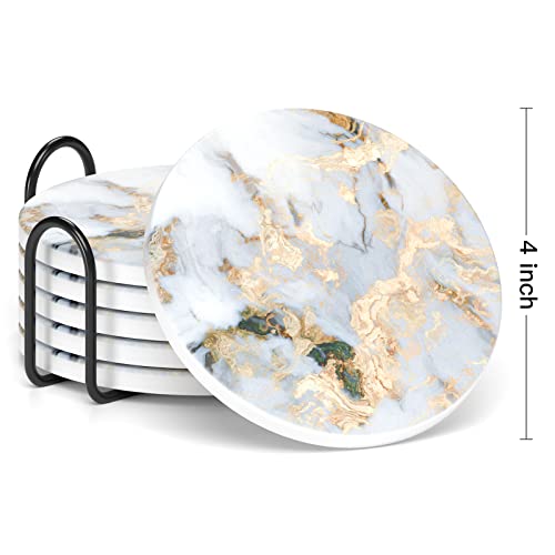 Nipichsha Coasters for Drinks, Set of 6 Cute Absorbent Ceramic Drink Coasters for Cup with Holder and Cork Base, Kitchen Home Decor Housewarming Gift, Round 4 in, White Gray Gold - color: White Gray Gold Marble