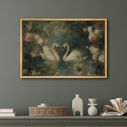 SIGNFORD Framed Canvas Print Wall Art Romantic Swan Pair in Garden Vintage Floral Lake Scene Illustrations Modern Art Decorative Boho Relax/Zen for Living Room, Bedroom, Office - 16x24 NATURAL - color: B08-2508-M25, size: 24"L x 16"W