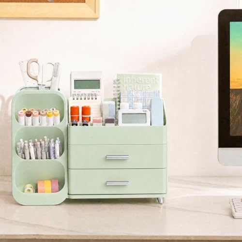 HBlife Desk Organizer with Pen Pencil Holder for Desk, Pen Organizer with 2 Drawers, Desk Organizers and Accessories with 4 Compartments, Desktop Storage for Office Home School Art Supplies, All Green - color: All Green