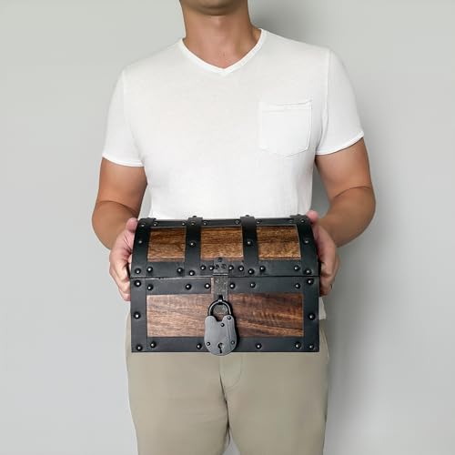 Nautical Cove Handmade Wooden Treasure Chest Storage Box – Deluxe Design with Real Leather Accents, Working Iron Lock & Skeleton Keys, Decorative Keepsake Chest (Medium - 10 x 7 x 7) - size: Medium - 10 × 7 × 7 in