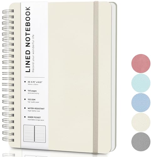 Lined Spiral Journal Notebook, A5 Hardcover Leather Notebook for Work, 5.7''×8.2'', 100GSM Thick Paper Spiral Bound Journaling Notebook for Women Men Office School Note Taking Business, Morandi Cream - color: Morandi Cream, size: A5