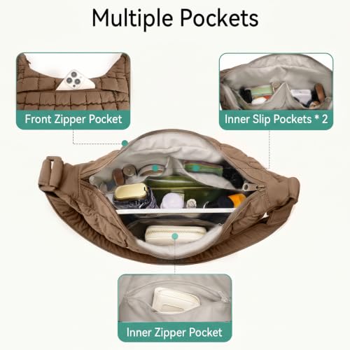 Puffer Crossbody Hobo Bag for Women Nylon Quilted Purse Lightweight Shoulder Handbag with Adjustable Strap - color: 06-dark Khaki