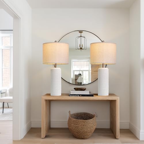 PoKat 27.5'' Tall Table Lamps for Living Room Set of 2, Stone-Like Ceramic Bedroom Lamps for Night Stands, Farmhouse Bedside Lamps for Bedroom Living Room, Nightstand Lamps for End Table, Hallway - color: Stone White