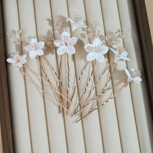 Handmade Pearl Bridal Wedding Hair Pins 6Pcs White Ceramic Flowers Gold Leaf Pearls Clips Wedding Hair Accessories for Women Brides Bridesmaid (Set-G-Gold) - color: Set-G-Gold
