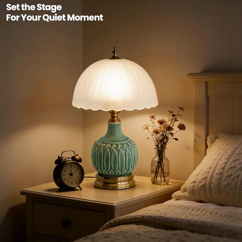 Vintage Green Ceramic Small Table Lamp with White Glass Shade - color: White