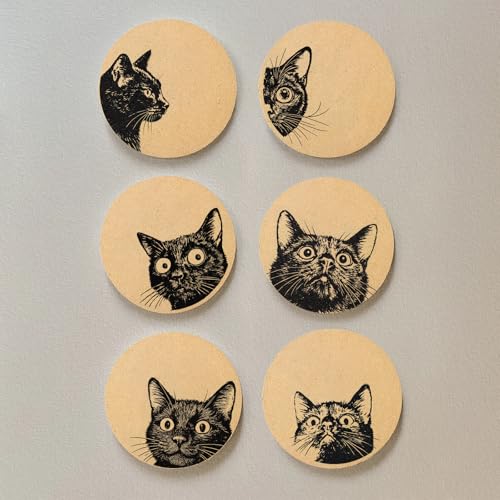 Coasters for Drinks with Holder Set of 6, Curious Cat Cork Coaster Absorbent for Office Desk Cat Table Coasters Kitchen Decor House Warming Gifts for New Home Couples, Round 4" - color: Cat003