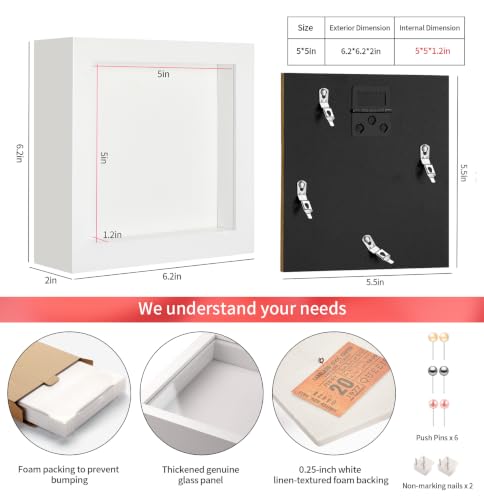 5x5 Small Shadow Box Picture Frame with Real Glass and Linen Back - color: White + Thickened Panel + Foam Packaging, size: 5x5