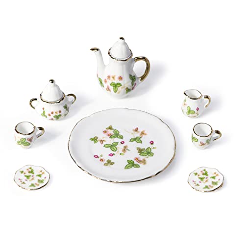 Miniature Tea Set 1/6 Scale Dollhouse Accessories Porcelain Green - color: Green