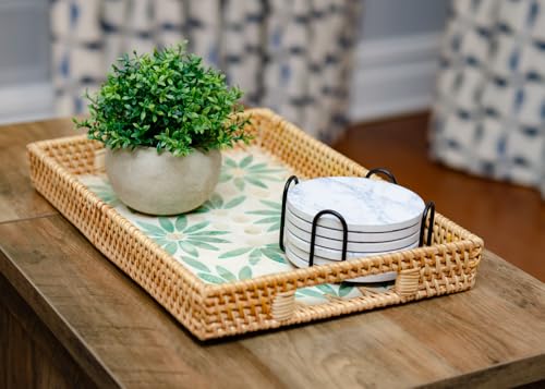 Magenta & Teal Decorative Rectangle Rattan Serving Tray 13x9 inch Mother of Pearl Inlay, Wicker Coffee Table Decor, Farmhouse (Light Blue Flower Pink) - color: Light Blue Flower Pink