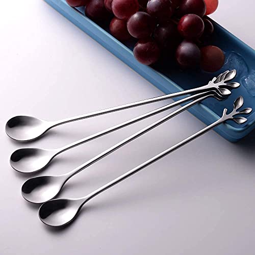 AnSaw 6-Piece Elegant Silver Leaf Long Handle Teaspoons - 7.4" - color: Silver