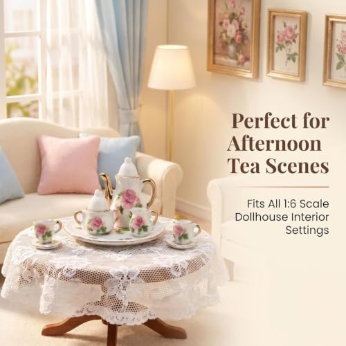 Miniature Tea Set 1/6 Scale Dollhouse Accessories Porcelain Little Rose - color: Little Rose