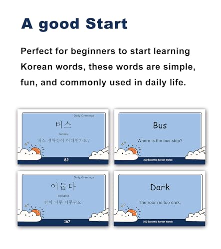 200 Essential Korean Words Vocabulary Flash Cards Flashcard for Beginners Adults | Learn Korean for Beginners Adult
