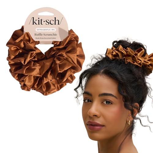 Kitsch Ruffle Satin Scrunchies For Women - Gentle Hair Tie - Camel, 1pc - color: Camel