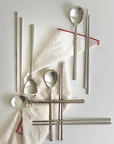 Korean Made Silver Glossy Hammered Stainless Steel Korean Spoon & Chopstick SET Gift for Mom Stocking Stuffer(4SET)