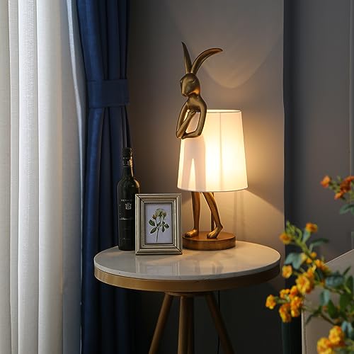 NorDiem Cute Rabbit Animal Table Lamp,Big Size 25.6", Gold Resin Bunny Decor LED Desk Light,White Linen Shade,Home Eye Protection Lamp Office Study Bedside Small Bunny Light (25.6" White Shade) - color: 25.6" White Shade