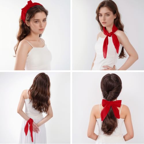 Pistha Chiffon Scarf Ribbon Neck Scarf Square Handkerchief 25.5 inch - color: Red