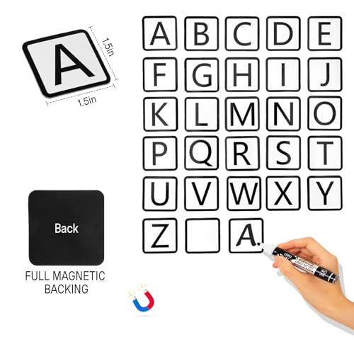 Small Alphabet Magnets 1.5x1.5 for Whiteboard/Fridge, 26 Magnetic Letters+2 Backup for Age 12+ - color: Letter Black, size: Square 1.5x1.5"