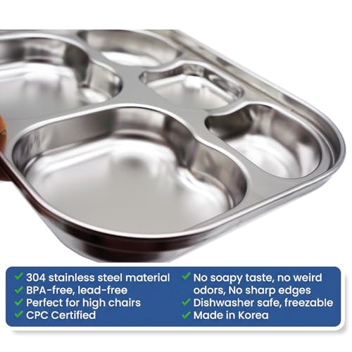 Korean Stainless Steel Divided Plates for Toddlers & Kids, Non-Toxic, 2PK - size: 5 Compartments