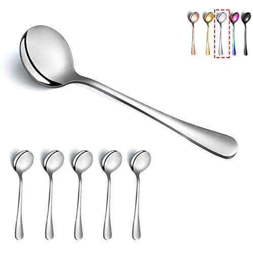 Kyraton 6-Piece Stainless Steel Round Soup Spoons - Dinner & Table Spoons, Silverware Set, Dishwasher Safe - color: 1. 6 pieces silver
