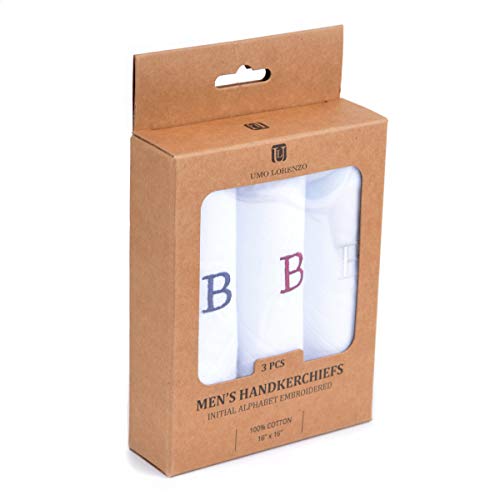 Initial Handkerchief for Men, Monogrammed Boxed 3 Piece Set,100% Cotton - color: B Initial