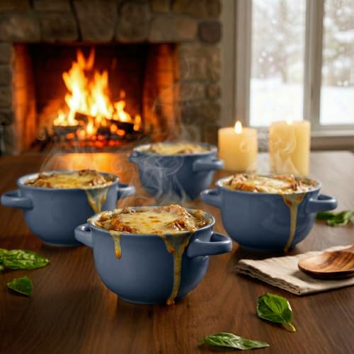 KooK French Onion Soup Crocks with Lids & Handles, Set of 4, Denim - color: Denim