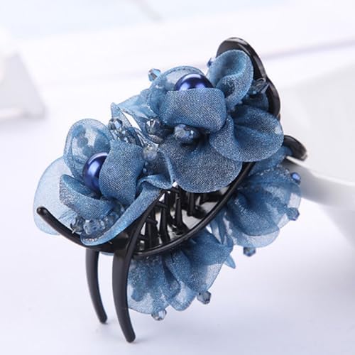 1pc Upscale Hair Claw Clips Hair Jaw Clips Decorated with Gauze Flowers and Pearl Beads for High Hair Bun Holder Hair Accessory for Women Girls (Blue)