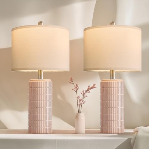 PoKat 23" Pink Ceramic Table Lamps Set of 2, Modern Bedroom Lamps for Girls Room, Bedside Lamps for Night Stands, Cute Lamps for Living Room Decor, Nightstands Desk Lamp, Pink - color: Pink