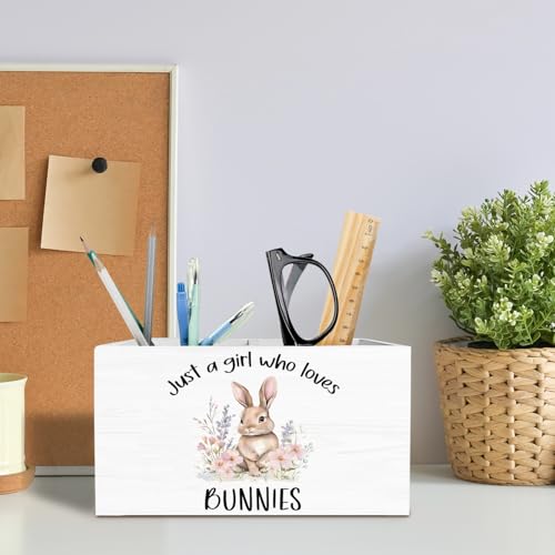 Floral Bunny Pen Holder for Desk, Rabbit Bunny Lovers Gifts Pencil Organizer, Just a Girl Who Loves Bunnies Wooden Box Sign Desk Decor for Home Office Decoration - color: BUNNY