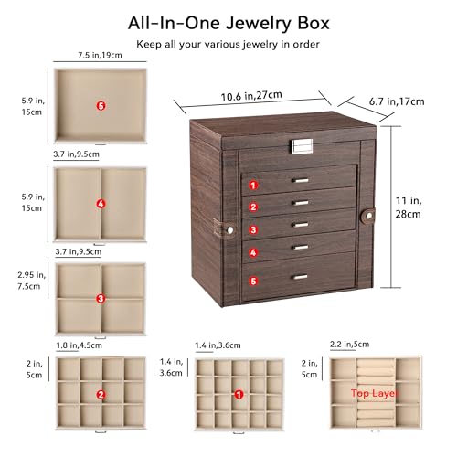 Frebeauty 6-Layer Jewelry Box for Women,Large Jewelry Organizer with Drawer - color: Tree Brown, size: Large