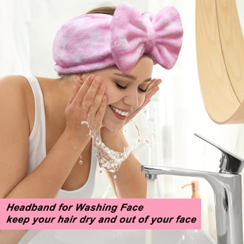 Shintop Women Fashion Lovely Soft Carol Fleece Bowknot Bow Makeup Cosmetic Shower Elastic Hair Band Hairlace Headband (Pink Polka dots) - color: Pink