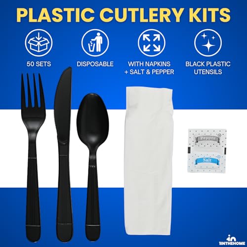 Cutlery Set Disposable Packet, Plastic Individually Wrapped Utensils Set – Knife, Fork, Teaspoon, Napkin, Salt & Pepper for (Parties, Dinners, Catering Services, Takeout) Black, 50 Pack