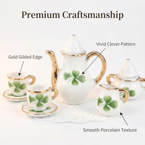 Miniature Tea Set 1/6 Scale Dollhouse Accessories Porcelain Lucky Clovey - color: Lucky Clover