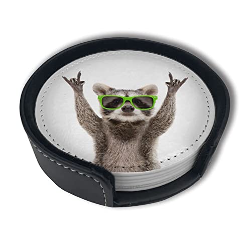 Novelty Raccoon Coasters for Drinks with Holder Leather Coasters Set of 6 Table Decor Protect Furniture from Water Marks Scratch and Damage - color: Black2