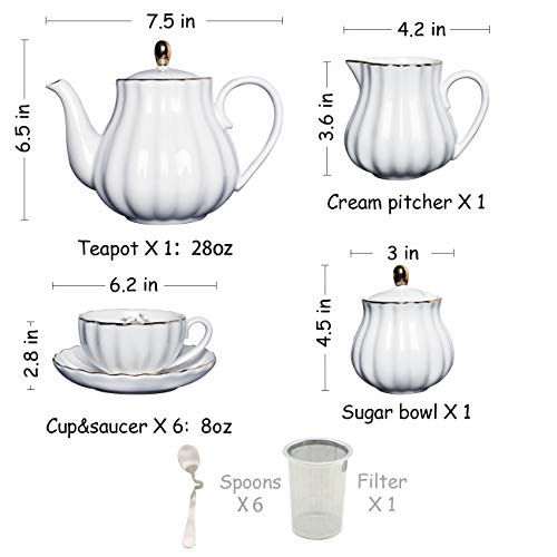 Porcelain Tea Sets British Royal Series, 8 OZ Cups& Saucer Service for 6, with Teapot Sugar Bowl Cream Pitcher Teaspoons and tea strainer for Tea/Coffee, Pukka Home (Pure White) - color: White