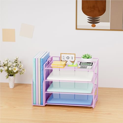 Marbrasse 4-Tier Paper Tray Organizer with File Holder, Purple - color: Purple