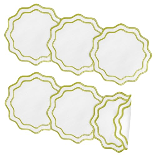 Set of 6 Sage Green Cotton Linen Coasters 5.5 Inch Embroidery Scalloped Coasters Floral Drink Mats for Table Decor Washable Fabric Cup Mats for Wedding Tea Party Festival Spring Holiday Entertaining - color: Sage Green