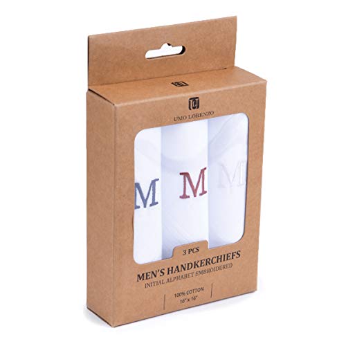 Initial Handkerchief for Men, Monogrammed Boxed 3 Piece Set,100% Cotton - color: M Initial