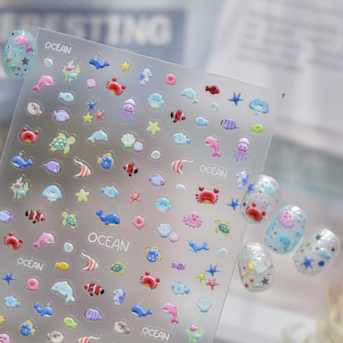 5D Embossed Under The Sea Stickers for Nail Art Jelly Fish Self-Adhesive Nail Art Decals for Women Nail Supplies Art Design Stickers (to5726) - style: to5726