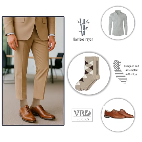 VRD Men's Dress Socks Bamboo Rayon, 5-Pack Crew Socks, Multiple Colors and Designs, Shoe Size 8-13, Gift Box - color: 05: Camel Beige, 5-pack Mix (2 Solid, 1 Striped, 1 Dotted, 1 Argyle)
