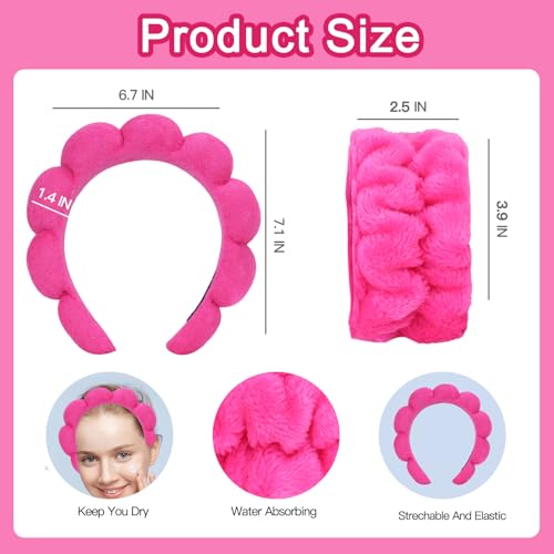 Beleki Spa Headband & Wristband Set - Sponge Terry Cloth Bubble Puffy Hairband - Non Slip Headwear - Hot Pink - 3 Pcs - color: Hot Pink