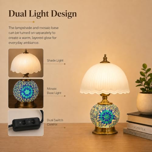 Boho Blue Mosaic Small Table Lamp with White Glass Shade - color: Blue, Bronze, White