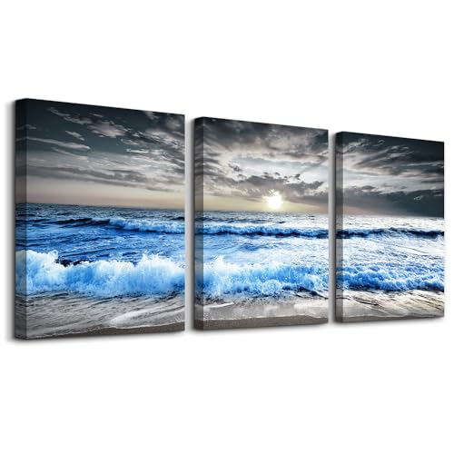 MHARTK66 3 Piece Canvas Wall Art - Blue Ocean Wave Seascape Pictures - Bedroom, Living Room, Office Wall Decor - Modern Home Decor - color: Blue Sea Waves Wall Painting, size: 12x16inches*3pcs