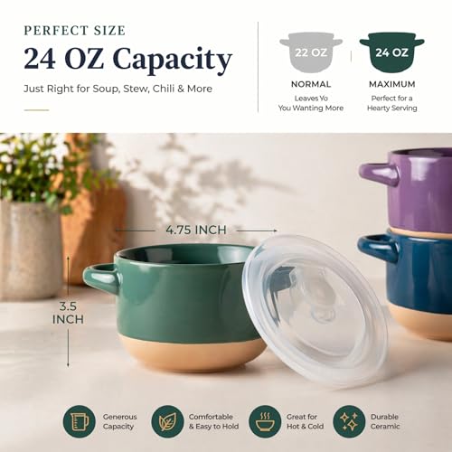 AmorArc 24 oz Soup Bowls with Lids, Ceramic Soup Containers with Handle - color: Green&Purple, size: Set of 2