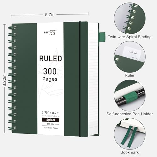 RETTACY Spiral College Ruled Notebook, 300 Pages, A5 Size (5.7" x 8.2") - color: Deep Green, size: 5.7" x 8.2"